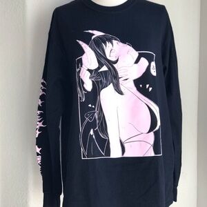 Black Long Sleeve Graphic Tee with Pink Design